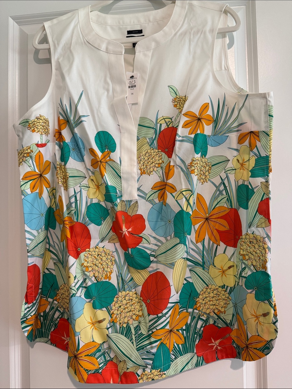 Talbots White Sleeveless Tropical Floral Tunic